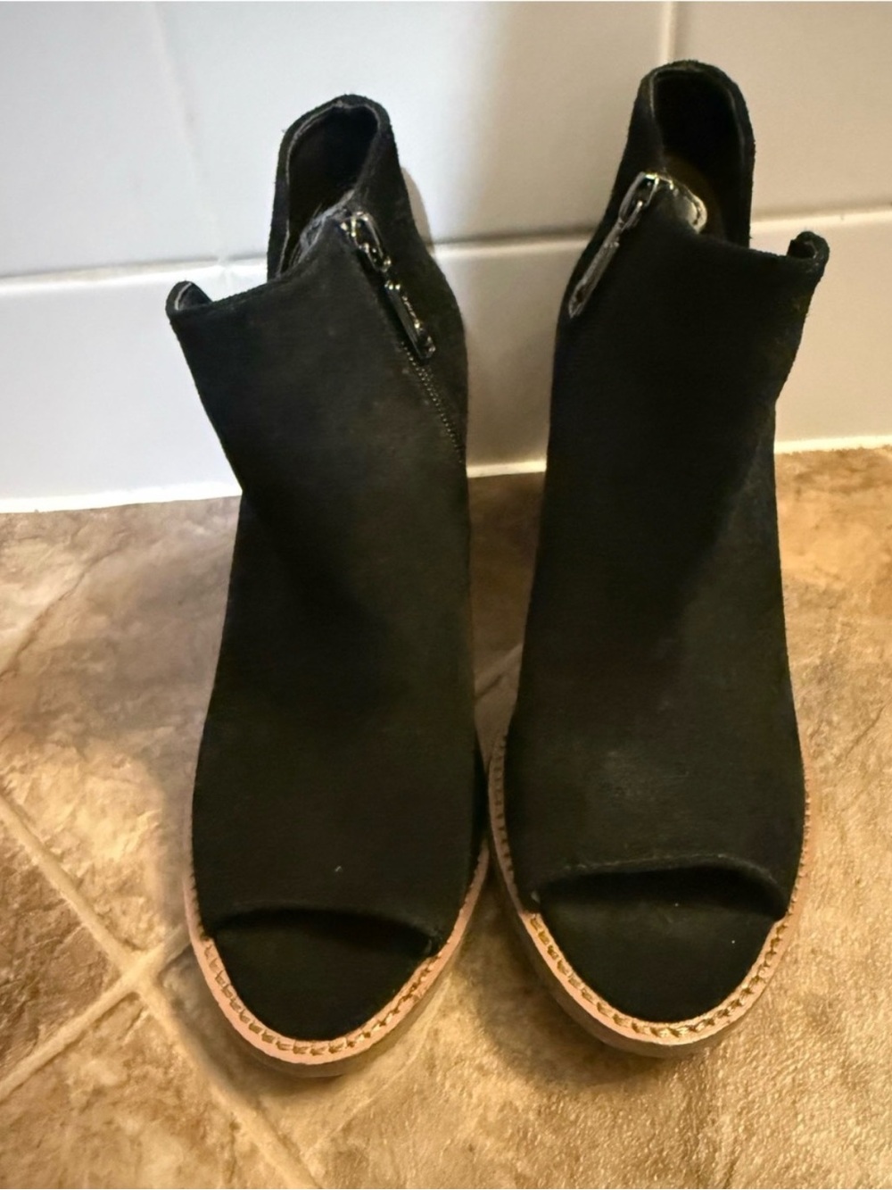 Blondo Black Suede Peep-Toe Wedge Mules with Side Zip
